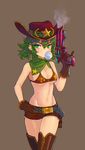 armpits bad_id bad_pixiv_id bare_arms bare_shoulders belt bikini_top blush breasts brown_background brown_bikini_top brown_gloves brown_legwear brown_shorts bubble_blowing chewing_gum cleavage clothes_writing covered_nipples cowboy_hat cowboy_shot crusaders_quest cutoffs gloves green_eyes green_hair gun hair_between_eyes hand_on_hip handgun hat highres holding holding_gun holding_weapon looking_at_viewer maxi_(crusaders_quest) medium_breasts navel neckerchief red_hat revolver shanmu shiny shiny_skin short_hair short_shorts shorts simple_background smoke solo standing star star_print stomach thighhighs trigger_discipline weapon western 