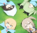  anchovy bandages boko_(girls_und_panzer) bow brown_hair day doll_hug drill_hair fang girls_und_panzer grass green_hair hair_bow hair_ribbon hat highres jinguu_(4839ms) katyusha kindergarten_uniform light_brown_eyes light_brown_hair long_hair looking_up lying mika_(girls_und_panzer) multiple_girls on_back on_side open_mouth outdoors outstretched_arms patch ribbon school_uniform shimada_arisu short_hair side_ponytail sketch skirt sleeping smile stuffed_animal stuffed_toy teddy_bear twin_drills younger 