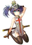  arm_behind_head arm_support arm_up armpits arms_up bad_id bad_pixiv_id bangs bare_arms bare_shoulders black_legwear blue_eyes blue_hair breasts brown_gloves closed_mouth cross cross_print crown crusaders_quest dress expressionless feather_trim full_body gloves hair_tie helm helmet knight looking_up no_shoes noel_(crusaders_quest) scabbard shanmu sheath sheathed shiny shiny_clothes shiny_hair short_hair side_slit sideboob simple_background sitting sleeveless sleeveless_dress small_breasts solo sword thighhighs twintails visor_(armor) wariza weapon weapon_on_back white_background zettai_ryouiki 