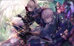  armor arrow bad_id bad_pixiv_id blonde_hair book bow_(weapon) capelet cherry_blossoms fire_emblem fire_emblem_if fur_trim fuujin_yumi gloves grey_hair hairband leon_(fire_emblem_if) long_hair male_focus multiple_boys open_mouth orange_eyes oze_ranka ponytail red_eyes weapon 