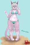  2017 anthro armpits beach bikini blush breasts clothed clothing female fur hair hair_bun mammal navel octaviados open_mouth seaside simple_background solo standing swimsuit white_fur wide_hips 