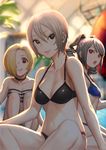  banajune bikini black_bikini black_eyes blonde_hair blue_bikini breasts choker drill_hair hair_over_one_eye idolmaster idolmaster_cinderella_girls kanzaki_ranko long_hair medium_breasts multiple_girls red_eyes shiomi_shuuko shirasaka_koume short_hair silver_hair sitting small_breasts squatting striped striped_bikini swimsuit twin_drills twintails 