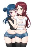  2girls bare_arms black_choker black_legwear black_shirt blue_hair blush breasts choker collarbone cowboy_shot crop_top deadnooodles denim denim_shorts eyebrows_visible_through_hair hair_bun hair_ornament half_updo hand_up highres hug hug_from_behind long_hair looking_at_viewer love_live! love_live!_sunshine!! medium_breasts midriff multiple_girls navel parted_lips red_eyes red_hair sakurauchi_riko shirt short_shorts short_sleeves shorts sidelocks simple_background standing stomach t-shirt teeth thigh_gap thighhighs tongue tongue_out tsushima_yoshiko v-shaped_eyebrows white_background white_shirt yellow_eyes 