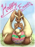  2017 absurd_res anthro areola black_sclera breasts easter egg english_text female half-closed_eyes hi_res holidays lagomorph long_ears looking_at_viewer lopunny mammal nintendo nipples otakuap pok&eacute;mon smile solo text video_games 