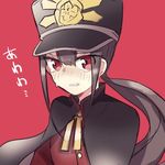  black_hair blush cape check_commentary commentary_request eyebrows_visible_through_hair fate/grand_order fate_(series) hat long_hair male_focus military military_hat military_uniform numachi_doromaru oda_nobukatsu_(fate/grand_order) ponytail red_background red_eyes simple_background solo teardrop tearing_up teeth uniform 