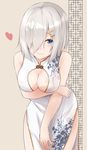  absurdres alternate_costume bare_arms bare_shoulders beige_background blue_eyes breast_hold breasts china_dress chinese_clothes cleavage_cutout dress hair_ornament hair_over_one_eye hairclip hamakaze_(kantai_collection) heart highres kantai_collection large_breasts saku_(kudrove) short_hair silver_hair smile solo white_dress 