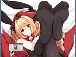  animal_ears anne_bonny_(fate/grand_order) bare_shoulders bed_sheet black_legwear black_ribbon blonde_hair blush breasts bunny_ears closed_mouth detached_collar eyebrows_visible_through_hair fake_animal_ears fate/grand_order fate_(series) feet from_above hair_ribbon hat large_breasts looking_at_viewer looking_up lying naturalton no_shoes on_back pantyhose pirate_hat red_eyes red_hat ribbon shiny shiny_skin skull_and_crossbones smile soles solo toes two_side_up wing_collar 