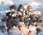  aircraft akizuki_(kantai_collection) black_hair blue_eyes bodysuit braid brown_hair chou-10cm-hou-chan chou-10cm-hou-chan_(hatsuzuki's) chou-10cm-hou-chan_(teruzuki's) corset day hachimaki hair_flaps hair_ornament hatsuzuki_(kantai_collection) headband highres jenson_tw kantai_collection long_hair multiple_girls neckerchief ocean pantyhose pleated_skirt ponytail propeller_hair_ornament rigging school_uniform serafuku short_hair skirt sky teruzuki_(kantai_collection) thigh_strap thighhighs torpedo twin_braids walking walking_on_liquid yellow_eyes 