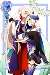  bare_shoulders black_gloves black_legwear black_skirt blonde_hair blue_flower blue_hair blush bouquet breasts brynhildr_(fate) carrying cleavage commentary_request dress elbow_gloves fate/apocrypha fate/grand_order fate/prototype fate/prototype:_fragments_of_blue_and_silver fate_(series) flower gauntlets gloves gradient_hair green_hair high_heels jeanne_d'arc_(alter)_(fate) jeanne_d'arc_(fate)_(all) long_hair looking_at_another medium_breasts multicolored_hair multiple_girls navel_cutout oiun princess_carry purple_eyes skirt sleeveless sleeveless_dress thighhighs very_long_hair white_flower yellow_eyes yuri zettai_ryouiki 