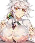  :o asymmetrical_hair between_breasts blouse blush bow bowtie bra braid breasts bursting_breasts cleavage commentary_request eyebrows_visible_through_hair failure_penguin green_bow green_neckwear hair_between_eyes hair_ornament jewelry jitome kantai_collection large_breasts long_hair looking_at_viewer pink_bra sexually_suggestive silver_hair single_braid teardrop underboob underwear unryuu_(kantai_collection) untied_bra very_long_hair wavy_hair white_background white_blouse yamaarashi yellow_eyes 