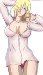 absurdres annie_leonhardt ass_visible_through_thighs bare_legs blonde_hair blue_eyes breasts cowboy_shot deviantart eguiamike hair_over_one_eye highres medium_breasts no_bra no_pants open_clothes open_mouth open_shirt panties purple_panties shingeki_no_kyojin shirt solo stretch thighs transparent_background twitter_username underwear 