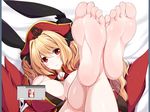  animal_ears anne_bonny_(fate/grand_order) bare_shoulders bed_sheet black_ribbon blonde_hair blush breasts bunny_ears closed_mouth detached_collar eyebrows_visible_through_hair fake_animal_ears fate/grand_order fate_(series) feet from_above hair_ribbon hat large_breasts looking_at_viewer looking_up lying naturalton no_shoes on_back pirate_hat red_eyes red_hat ribbon shiny shiny_skin skull_and_crossbones smile soles solo toes two_side_up wing_collar 