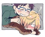  animal_print black_hair blonde_hair blue-framed_eyewear blush closed_eyes glasses green_eyes hair_over_one_eye katsuki_yuuri leopard_print lying male_focus multiple_boys on_stomach yukataro yuri!!!_on_ice yuri_plisetsky 