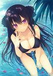  ao_no_kanata_no_four_rhythm aotsu_karin between_legs bikini black_bikini black_hair blush bottle breasts cleavage collarbone from_above hair_between_eyes hair_ornament hair_ribbon hand_to_own_mouth large_breasts long_hair md5_mismatch partially_submerged petals purple_eyes ramune ribbon sitting smile solo swimsuit tobisawa_misaki very_long_hair wet x_hair_ornament 