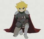  1boy alternate_costume armor black_eyes blonde_hair breastplate cape eyebrows_visible_through_hair eyes_visible_through_hair fingerless_gloves gloves greaves grey_background kneeling knight link looking_at_viewer male_focus metal_boots nintendo older pauldrons pointy_ears serious short_hair simple_background solo the_legend_of_zelda the_legend_of_zelda:_the_wind_waker toon_link usushira 