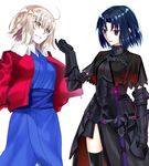  2girls ahoge alternate_costume armor black_armor blue_eyes blue_hair blue_kimono breasts chains company_connection costume_switch dress eye_contact fate/grand_order fate_(series) female gauntlets grin highres jacket japanese_clothes jeanne_alter kara_no_kyoukai kimono looking_at_another medium_breasts multiple_girls open_mouth red_jacket ruler_(fate/apocrypha) ryougi_shiki shiny shiny_hair short_hair silver_hair smile standing sword thighhighs type-moon weapon yellow_eyes 
