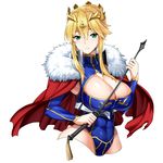  abs aqua_eyes armor artoria_pendragon_(all) artoria_pendragon_(lancer) blonde_hair blue_leotard breasts cape cleavage cleavage_cutout closed_mouth cropped_legs crown curvy detached_sleeves fate/grand_order fate_(series) holding hotori_(sion) large_breasts leotard long_sleeves looking_at_viewer riding_crop short_hair simple_background smile solo standing weapon white_background 