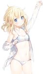  arm_up blonde_hair blue_bra blue_eyes blue_panties bra breasts copyright_request cowboy_shot disheveled highres long_hair looking_at_viewer navel off_shoulder open_clothes open_shirt panties shirt simple_background sketch small_breasts solo umibouzu_(niito) underwear white_background 
