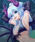  :d armpits arms_behind_head arms_up bad_id bad_pixiv_id black_bra blue_eyes blue_hair blue_ribbon bra breasts choker cleavage commentary_request demon_girl demon_horns demon_wings detached_sleeves fangs frilled_bra frilled_choker frills hair_between_eyes horns large_breasts looking_at_viewer maid_headdress midriff neck_ribbon open_mouth original ponytail quatre_aaaa ribbon sidelocks smile solo underboob underwear upper_body wings 