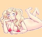  1girl ass bikini blonde_hair blue_eyes blush bottomless breasts cleavage hair_ornament large_breasts long_hair looking_at_viewer lying notsafeforfruit on_stomach persona persona_5 smile solo tagme takamaki_anne twintails 