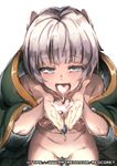 artist_name blue_eyes breasts cape cum cum_in_mouth cum_on_body cum_on_tongue cum_on_upper_body cupping_hands eyebrows_visible_through_hair meteora_osterreich naked_cape navel nipples patreon_username pussy re:creators redcomet short_hair silver_hair small_breasts solo watermark web_address 