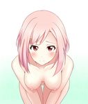  bent_over blush breasts hanging_breasts iray koharu_yoshino looking_at_viewer medium_breasts nipples nude pink_eyes pink_hair sakura_quest short_hair solo v_arms 