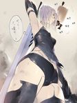  armpits bubuzuke dirty_face dual_wielding elbow_gloves from_below gloves holding navel nier_(series) nier_automata silver_hair sword thighhighs weapon yorha_type_a_no._2 
