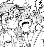  !! &gt;_&lt; 2girls :d animal_ears annoyed bangs blush closed_eyes closed_mouth commentary_request dog_ears eyebrows_visible_through_hair greyscale hair_between_eyes hat holding holding_microphone kasodani_kyouko lolimate long_sleeves microphone monochrome multiple_girls music mystia_lorelei open_mouth short_hair singing smile spoken_exclamation_mark sweat touhou upper_body v-shaped_eyebrows wings 