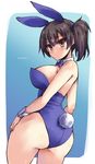  animal_ears artist_name ass bare_legs blue_leotard blush breasts brown_eyes brown_hair bunny_ears bunnysuit detached_collar highres kaga_(kantai_collection) kantai_collection large_breasts leotard long_hair looking_at_viewer looking_back shinshin side_ponytail solo tail wrist_cuffs 
