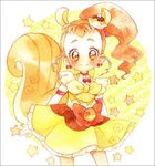  animal_ears arisugawa_himari bow brown_eyes brown_hair cake_hair_ornament choker closed_mouth cure_custard dress earrings elbow_gloves extra_ears food_themed_hair_ornament gloves hair_ornament hairband jewelry kirakira_precure_a_la_mode looking_at_viewer magical_girl momiji_(lucario) orange_bow ponytail precure red_neckwear short_hair smile solo squirrel_ears squirrel_tail star tail white_gloves yellow yellow_background yellow_bow yellow_dress yellow_hairband 