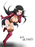  :d ;d aira_(dq7) black_hair blush boots breasts cleavage collarbone dragon_quest dragon_quest_vii earrings eyebrows_visible_through_hair full_body gloves hair_intakes halter_top halterneck heart hoop_earrings index_finger_raised jewelry knee_boots large_breasts leg_up long_hair long_sleeves looking_at_viewer one_eye_closed open_mouth panties pink_eyes red_footwear red_gloves red_panties skindentation smile solo thighhighs underwear uozumi_seiji white_background 