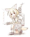  :d anchor_symbol animal_ears blonde_hair blush commentary cosplay fennec_(kemono_friends) fox_ears fox_tail fujisaki_yuu gun kantai_collection kemono_friends kitakami_(kantai_collection) kitakami_(kantai_collection)_(cosplay) kneehighs loafers long_sleeves looking_at_viewer machinery midriff neckerchief one_knee open_mouth remodel_(kantai_collection) rigging school_uniform serafuku shadow shoes simple_background smile solo tail torpedo translated turret weapon white_background 