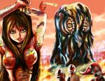  1girl 3boys alien bodypaint bodystocking breasts city dinosaur energy erect_nipple eyeshadow fire flying fujiyama_miki giant_monster glowing glowing_eyes godzilla godzilla_(series) hedorah kaijuu long_hair makeup mask medium_breasts monster multiple_boys nude red_eyes slime 