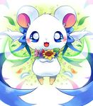  bijou blue_eyes blue_glow blush female feral flower fur green_glow hamster hamtaro_(series) leaves mammal open_mouth plant ribbons rodent simple_background solo sunflower ucjpsm white_fur 