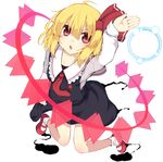  ahoge arm_up bangs black_skirt blonde_hair blush bow collarbone commentary_request danmaku fang full_body hair_between_eyes hair_bow lolimate long_sleeves looking_at_viewer mary_janes necktie open_mouth red_bow red_eyes red_footwear red_neckwear rumia shoes short_hair simple_background skirt skirt_hold skirt_set socks solo touhou white_background white_legwear 