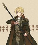 blonde_hair brown_background brown_eyes camus cape charlie_(1149623734) epaulettes fire_emblem fire_emblem_echoes:_mou_hitori_no_eiyuuou male_focus polearm solo spear upper_body weapon 