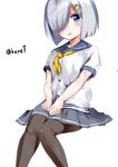  bad_id bad_pixiv_id black_legwear blue_eyes blue_skirt hair_ornament hair_over_one_eye hairclip hamakaze_(kantai_collection) henet_hene kantai_collection neckerchief open_mouth pantyhose pleated_skirt sailor_collar school_uniform serafuku short_hair short_sleeves silver_hair simple_background skirt solo twitter_username white_background yellow_neckwear 