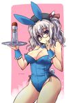  animal_ears bare_legs beret bespectacled blue_eyes blue_leotard bottle breasts bunny_ears bunnysuit detached_collar glasses hat highres kantai_collection kashima_(kantai_collection) large_breasts leotard looking_at_viewer shinshin silver_hair solo tail tray tsurime twintails twitter_username wavy_hair wrist_cuffs 