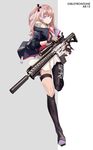  ar-15 asymmetrical_legwear bangs bare_shoulders black_gloves black_legwear blue_eyes cancell closed_mouth dress fingerless_gloves full_body girls_frontline gloves gun highres holding holding_gun holding_weapon jacket looking_at_viewer one_side_up open_clothes open_jacket pink_hair rifle short_dress solo st_ar-15_(girls_frontline) weapon white_dress 