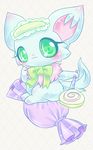  blue_fur blush bow candy canine chihuahua dog female feral food frilly fur green_eyes jewelpet lollipop mammal milky_(jewelpet) pink_fur sanrio simple_background sitting smile solo wrapper ふゆぐみ 