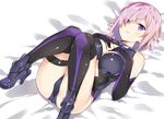  bare_shoulders bed_sheet black_gloves black_legwear boots breasts cameltoe cleavage_cutout elbow_gloves eyes_visible_through_hair fate/grand_order fate_(series) gloves hair_over_one_eye hands_on_own_chest high_heels knees_together_feet_apart lying mash_kyrielight medium_breasts multicolored multicolored_clothes multicolored_gloves on_back parted_lips pink_hair purple_eyes purple_gloves purple_legwear shiny shiny_clothes shiny_hair shiny_skin short_hair solo tachibana_yuu thigh_strap thighs trefoil two-tone_legwear 