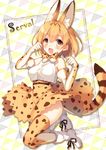  :d animal_ears animal_print bangs belt blonde_hair blush boots bow bowtie breasts brown_eyes character_name clenched_hands commentary dress elbow_gloves extra_ears fang frame full_body gloves highres kemono_friends legs_up looking_at_viewer medium_breasts open_mouth paw_pose serval_(kemono_friends) serval_ears serval_print serval_tail short_hair sleeveless sleeveless_dress smile solo tail thighhighs toosaka_asagi white_footwear 