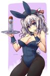  animal_ears beret black_legwear blue_eyes blue_leotard bottle breasts bunny_ears bunnysuit detached_collar fishnet_pantyhose fishnets hat highres kantai_collection kashima_(kantai_collection) large_breasts leotard looking_at_viewer pantyhose shinshin silver_hair solo tail tray tsurime twintails twitter_username wavy_hair wrist_cuffs 