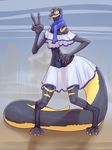  anthro big_eyes big_tail claws clothing cornflakes_(character) derek_hetrick dress female forked_tongue hand_on_hip hat legwear reptile scalie scarf smile snake socks solo toe_claws tongue v_sign wide_hips 