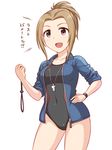  blue_jacket brown_eyes brown_hair competition_swimsuit hand_on_hip idolmaster idolmaster_cinderella_girls jacket manabe_itsuki one-piece_swimsuit open_mouth pataniito ponytail short_hair simple_background solo stopwatch swimsuit watch whistle white_background 