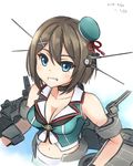  2017 blue_eyes brown_hair dated hair_ornament hat headgear highres kantai_collection looking_at_viewer machinery maya_(kantai_collection) mini_hat minosu navel remodel_(kantai_collection) short_hair sleeveless solo x_hair_ornament 