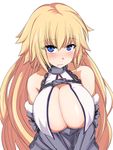  bare_shoulders blonde_hair blue_eyes blush breasts chain cleavage closed_mouth eyebrows_visible_through_hair eyes_visible_through_hair fate_(series) gauntlets headpiece highres isemagu jeanne_d'arc_(fate) jeanne_d'arc_(fate)_(all) large_breasts long_hair looking_at_viewer md5_mismatch nose_blush simple_background solo sweatdrop upper_body v_arms very_long_hair white_background 