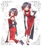  armpits black_hair breasts china_dress chinese_clothes cleavage commentary_request dress elbow_gloves floral_print flower gloves hair_flower hair_ornament high_heels iesupa medium_breasts multicolored_hair multiple_views pose pumps red_dress red_hair ruby_rose rwby silver_eyes smile thighs 