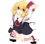  ahoge arm_up bangs black_skirt blonde_hair blush bow collarbone commentary_request fang full_body hair_between_eyes hair_bow lolimate long_sleeves looking_at_viewer mary_janes necktie open_mouth red_bow red_eyes red_footwear red_neckwear rumia shoes short_hair simple_background skirt skirt_hold skirt_set socks solo touhou white_background white_legwear 