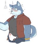  anthro blush bulge canine clothed clothing erection male mammal muscular sheeporwolf solo standing sweat unzipped 